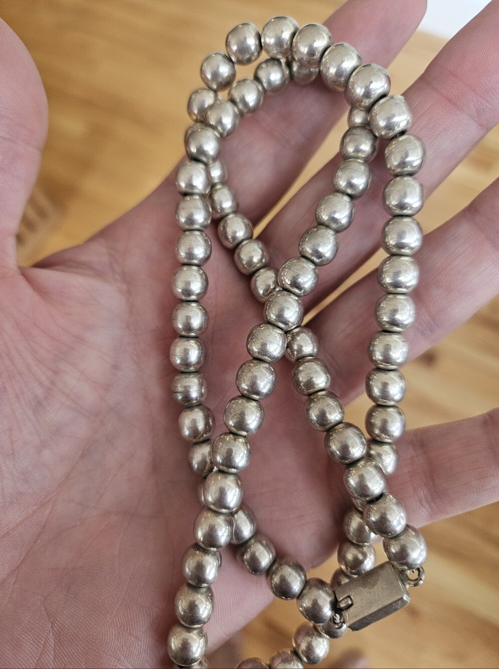 Vintage Taxco Southwestern Sterling Silver Heavy 8mm Handmade Bead Necklace 24"